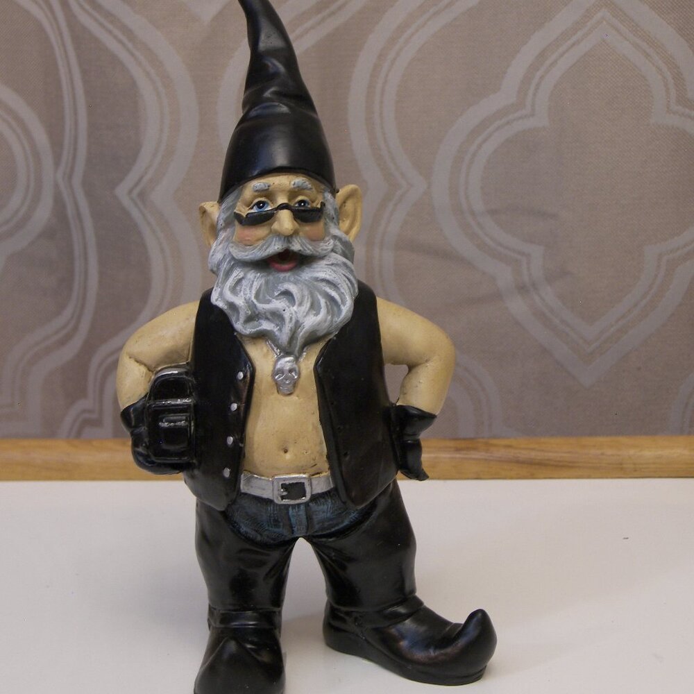 Biker Gnome holding saddlebag